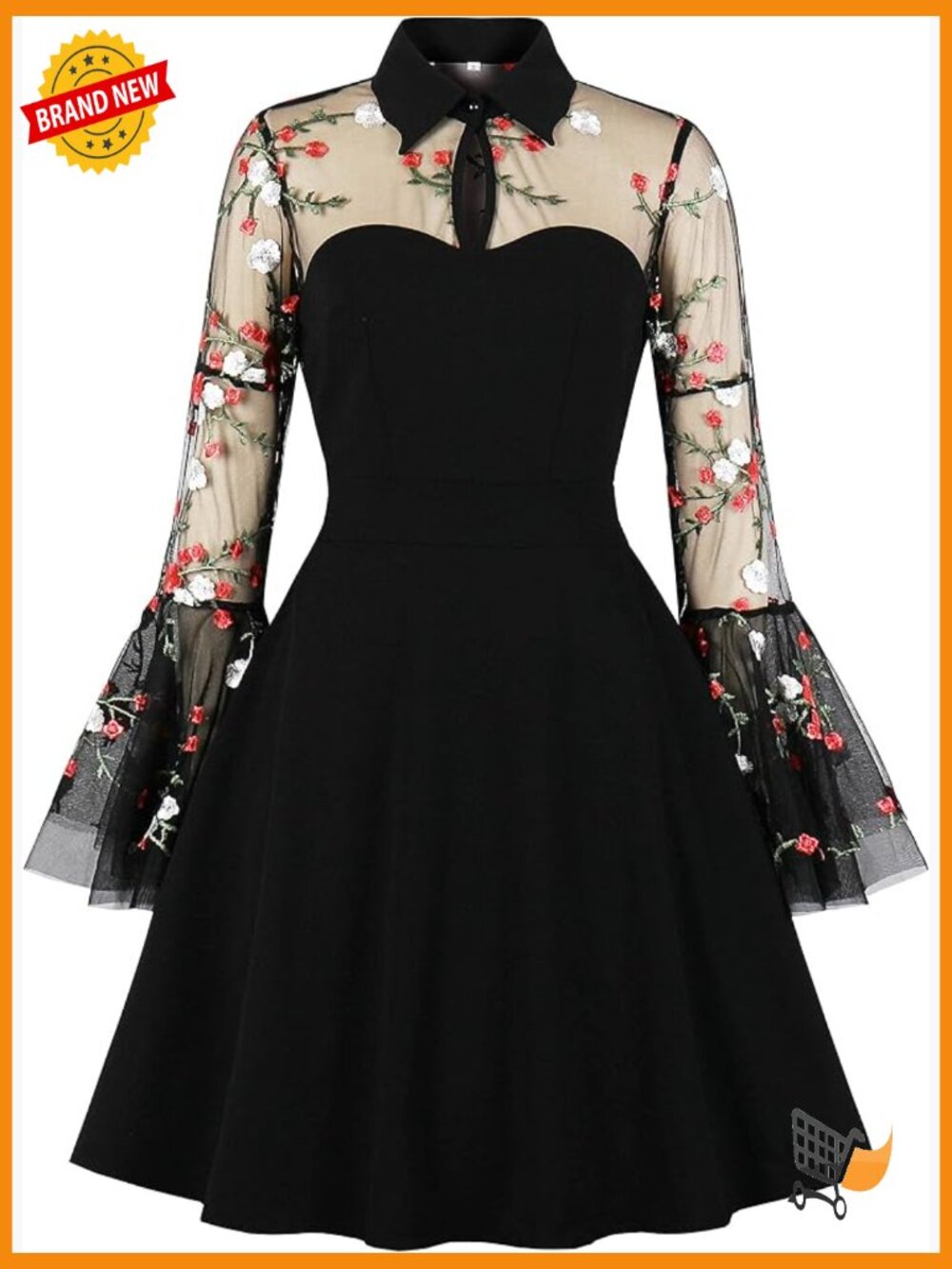 Women's Embroidery Mesh Bell Sleeve Gothic Dress Size M Fit & Flare